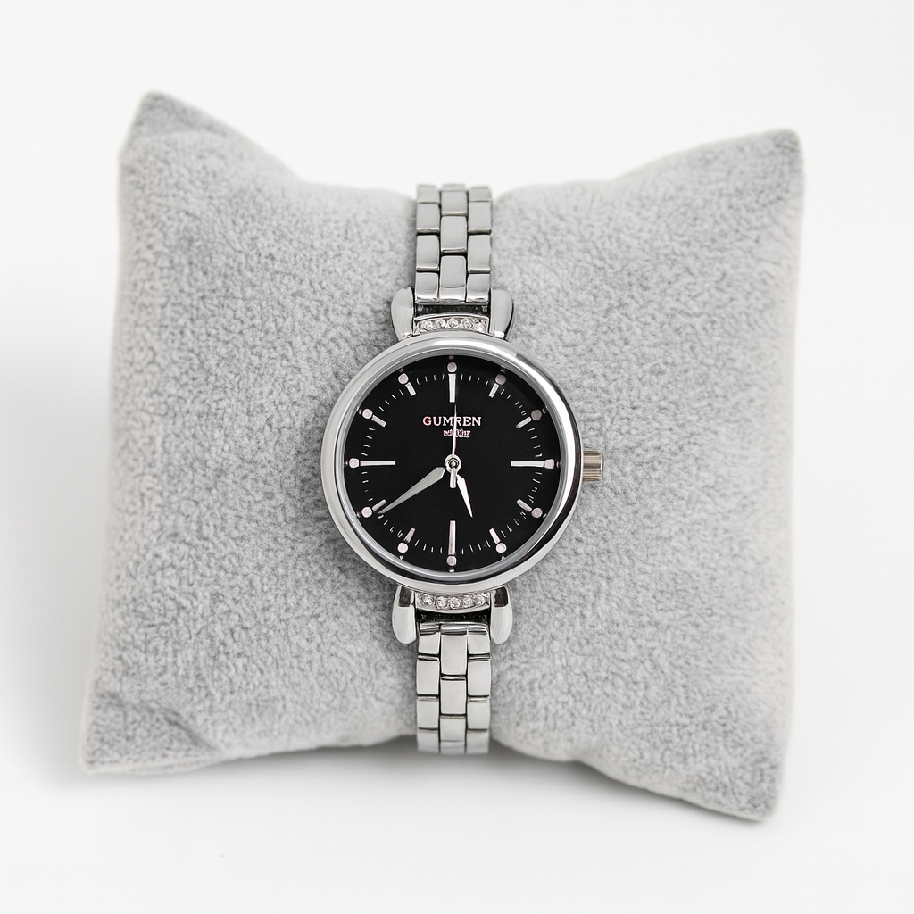 Curren Women’s Silver Watch – Black Dial with Crystal Accents