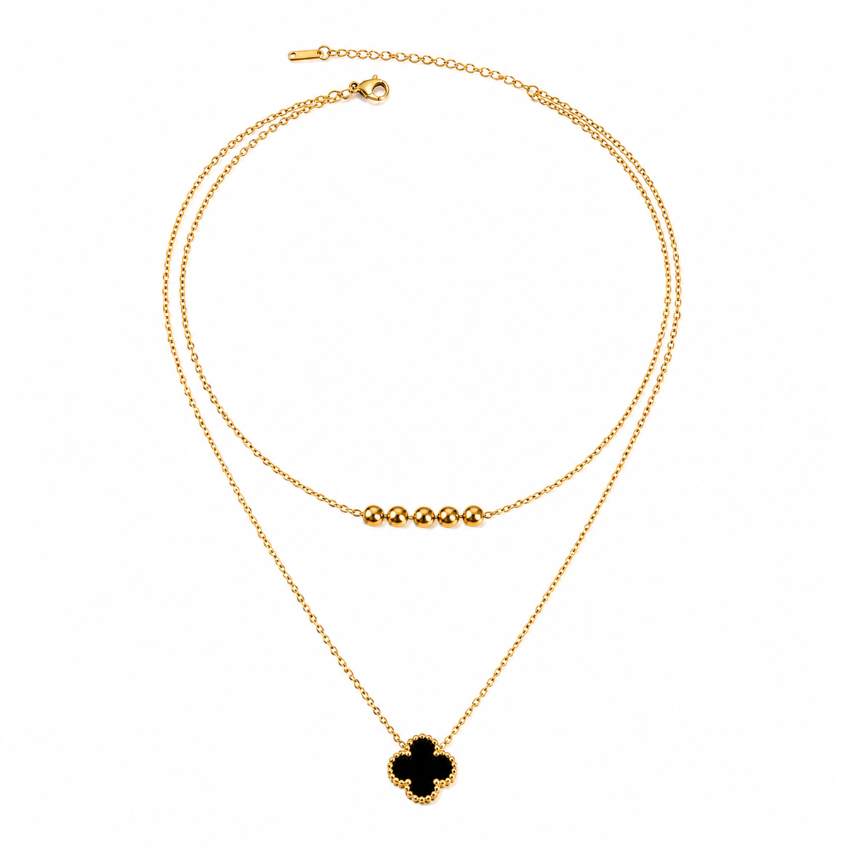 Layered Green Clover & Gold Beads Necklace