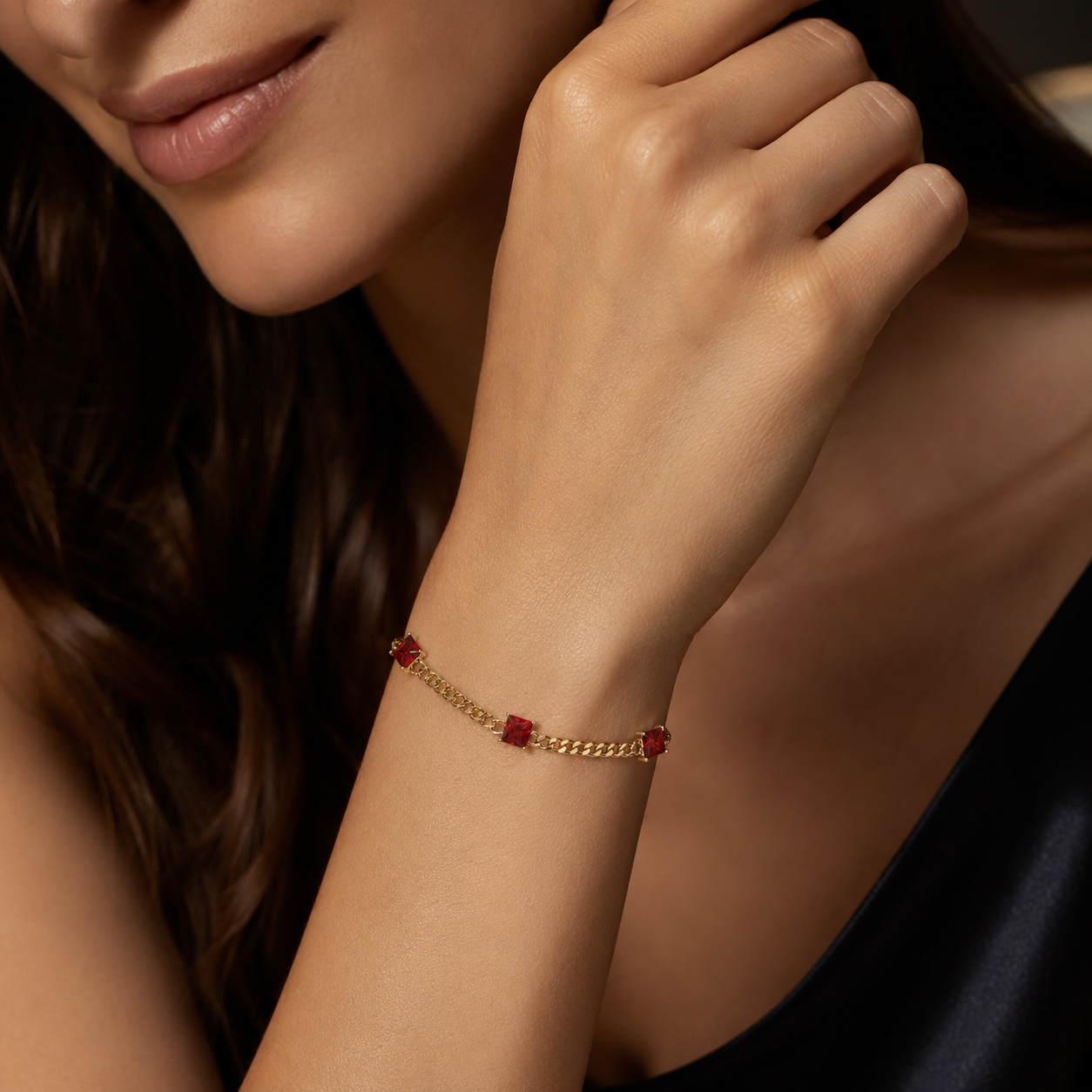 Red square cut Stone Chain Bracelet