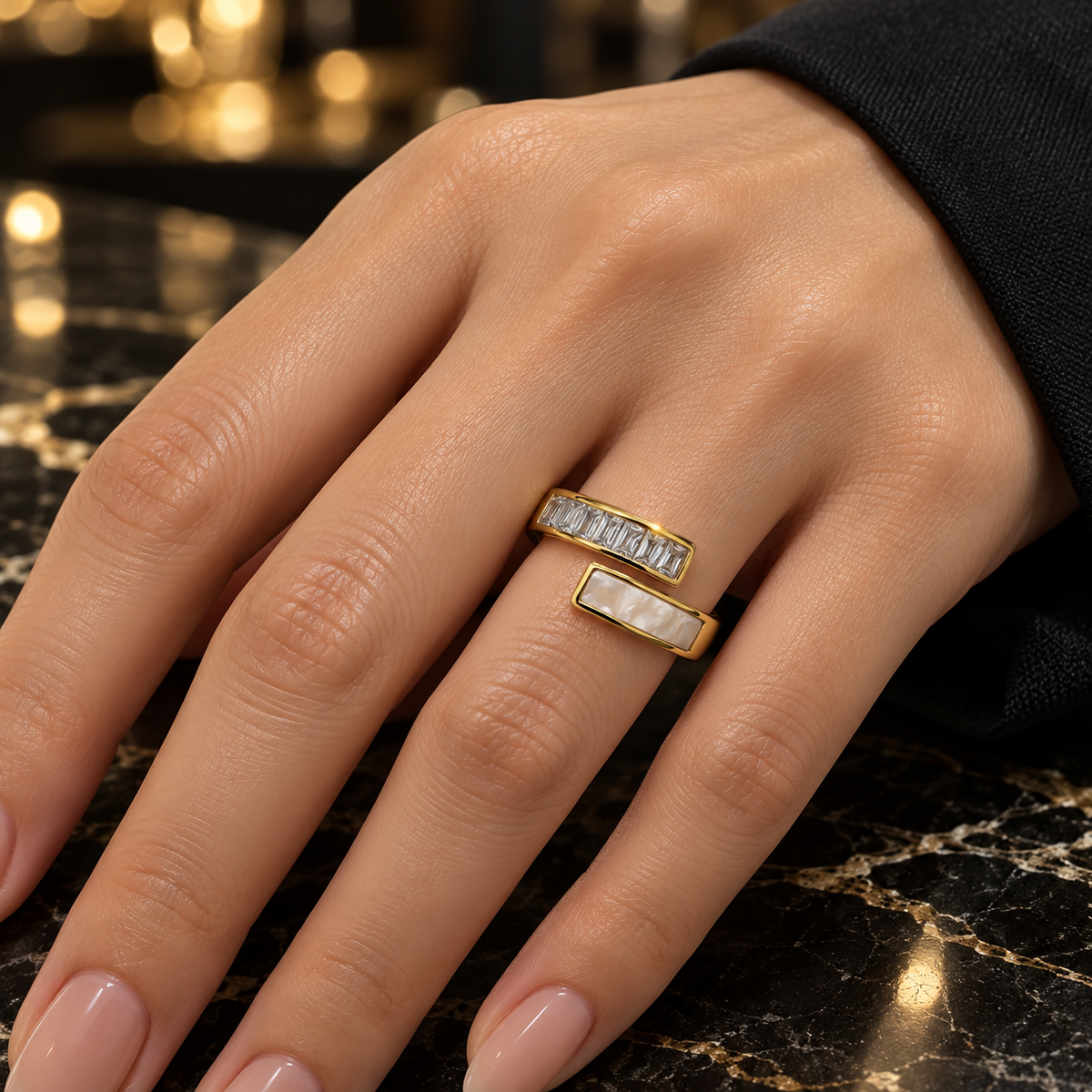 S.steel Modern Twist Baguette Ring – Gold & Silver