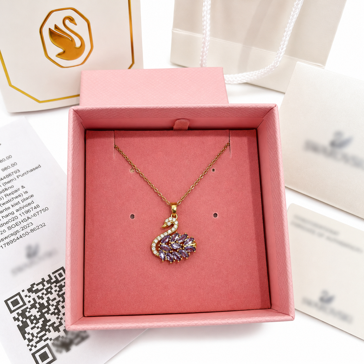 Swan necklace with pink authentic package