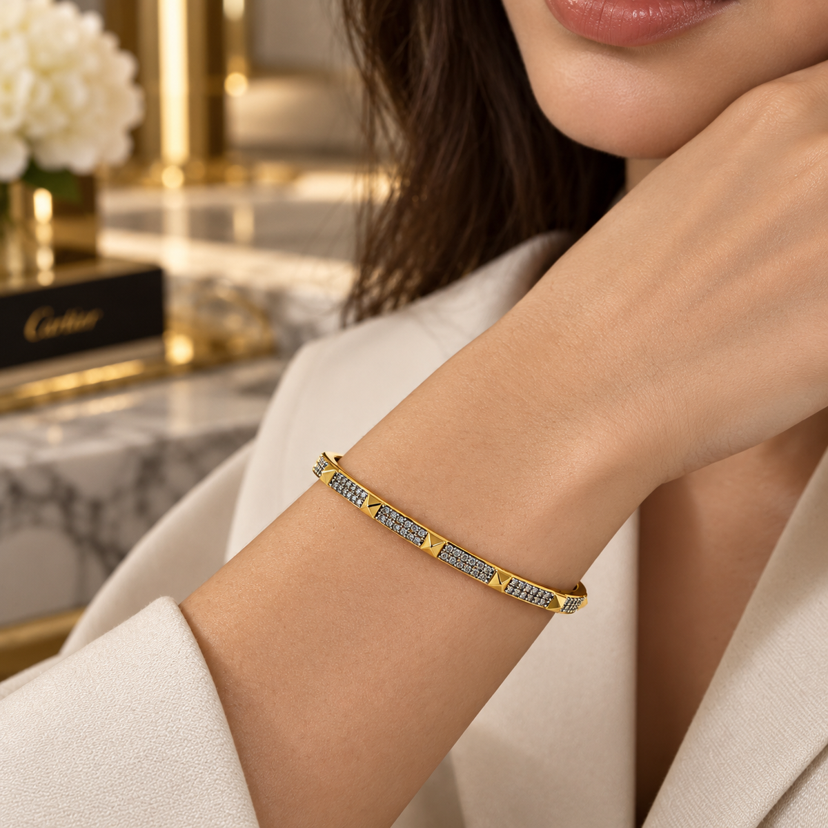 Gold Pyramid Stud & Crystal Bangle – Modern Glam
