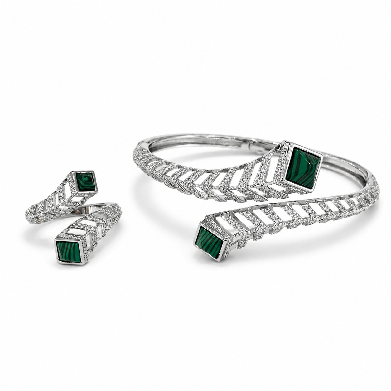 Silver Malachite Spiral Set β Bracelet & Ring