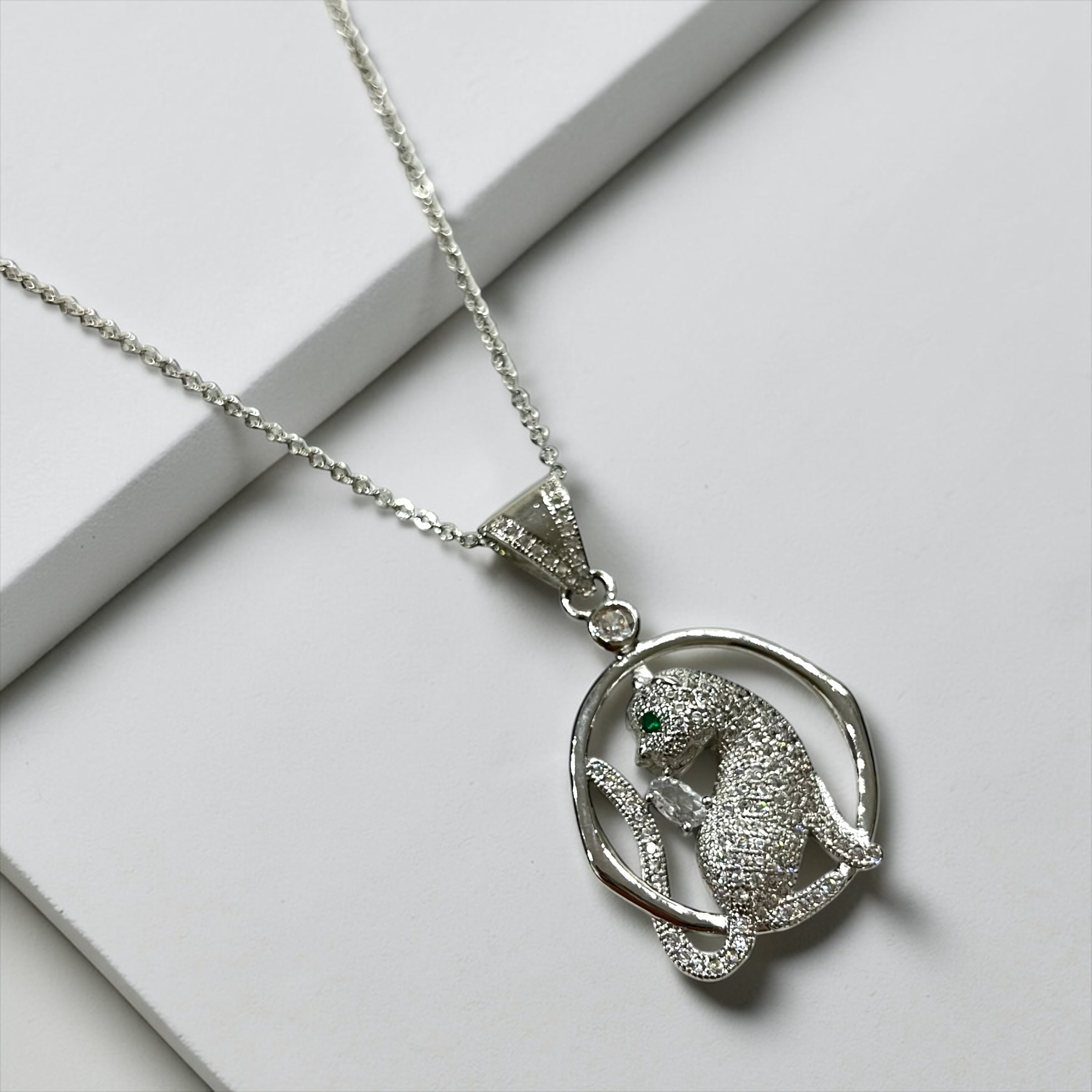 Silver Panther Pendant Necklace with Zircon Stones