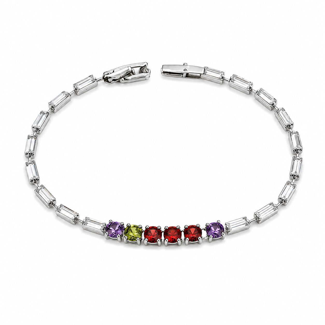 Multicolor Baguette Tennis Bracelet – Silver Shine