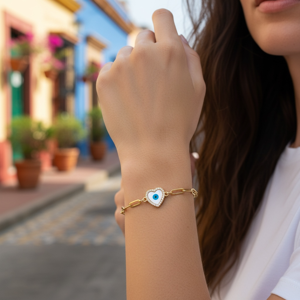 Heart Evil Eye Paperclip Bracelet – Gold