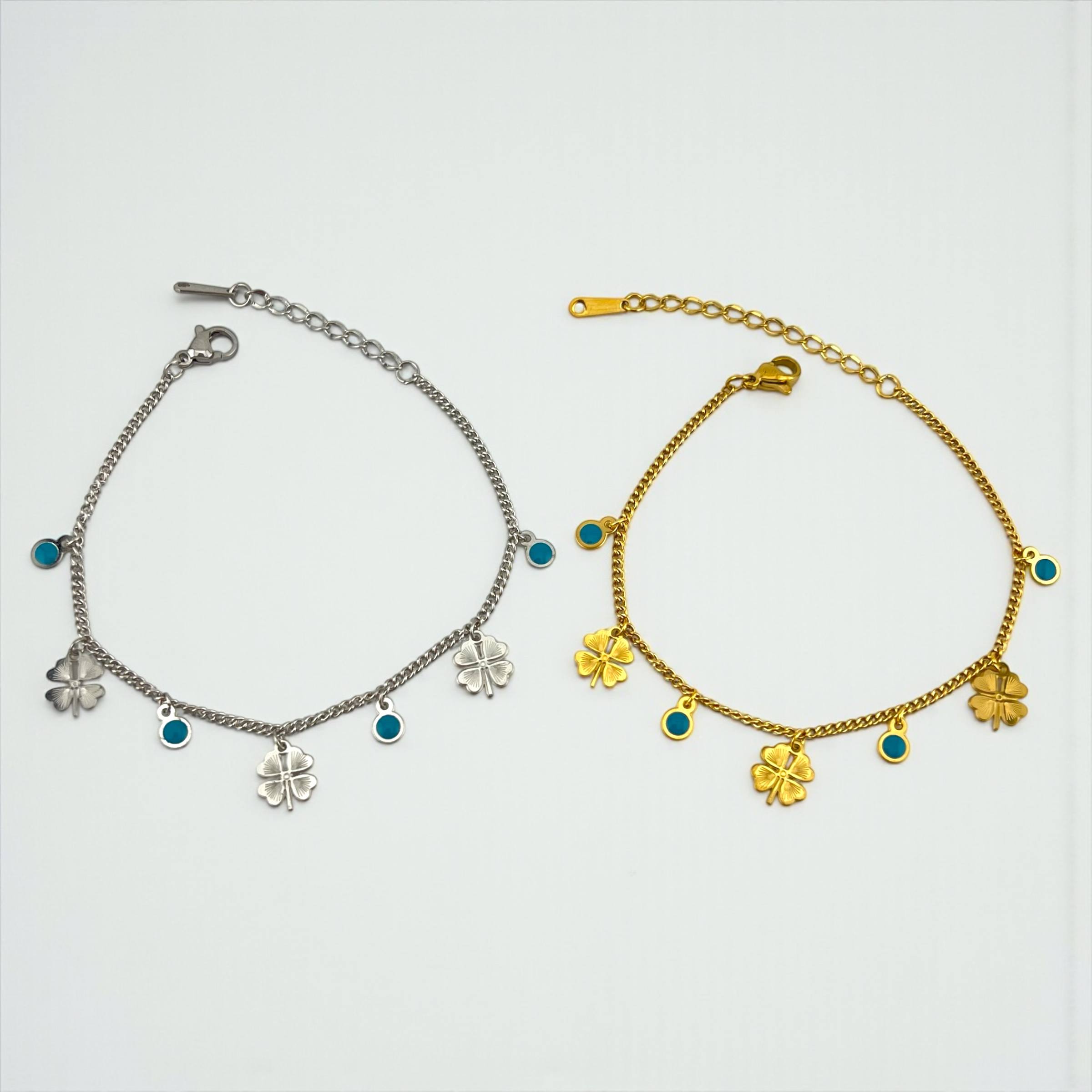 Clover Charm Bracelet – Lucky Four-Leaf with Turquoise Accents