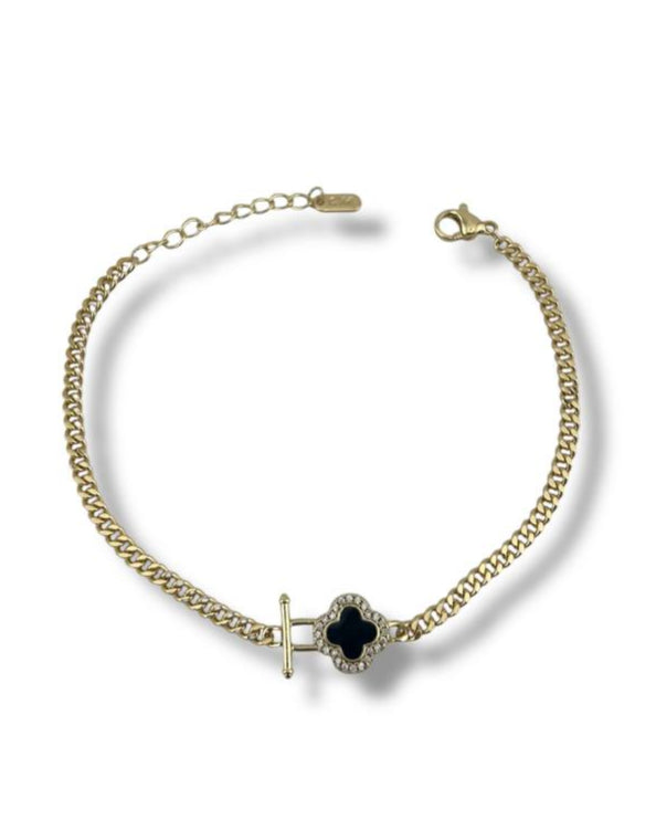Midnight Clover Toggle Bracelet – Black Enamel & Gold Elegance