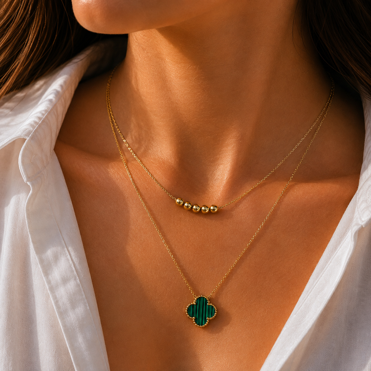 Layered Green Clover & Gold Beads Necklace