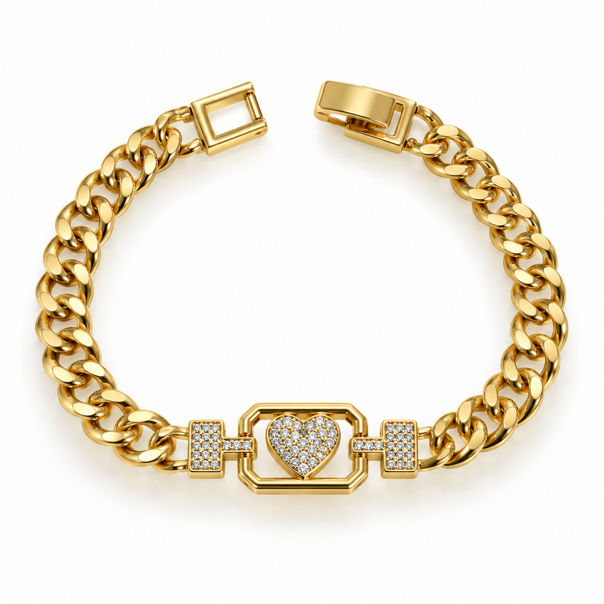 Golden Love Heart Bracelet – Sparkling Charm on Cuban Chain