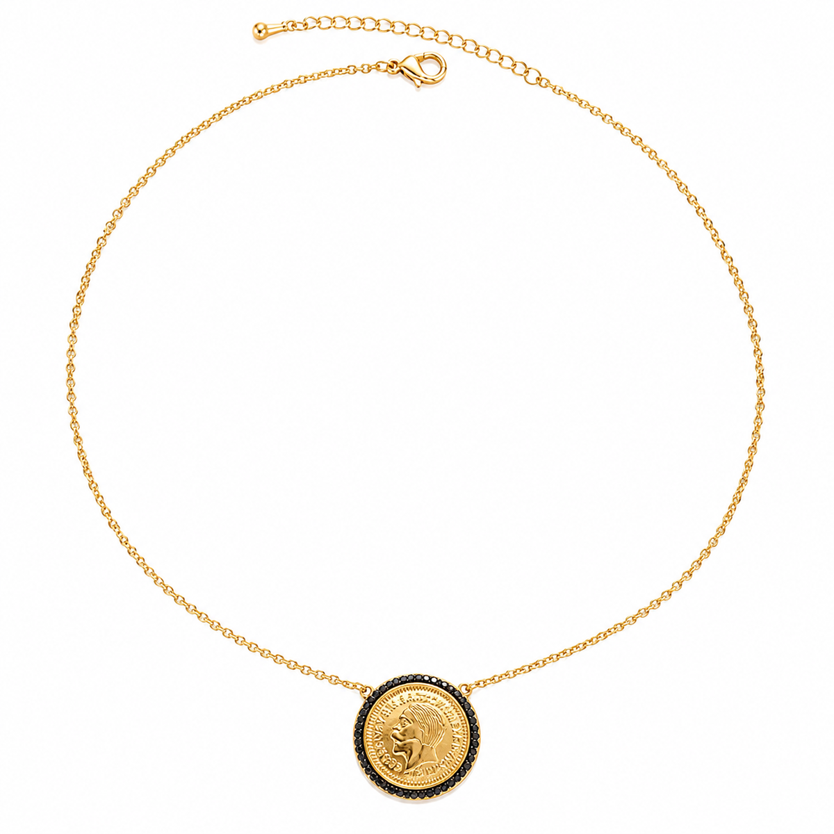 Gold Coin Pendant Necklace with Black Stone Frame