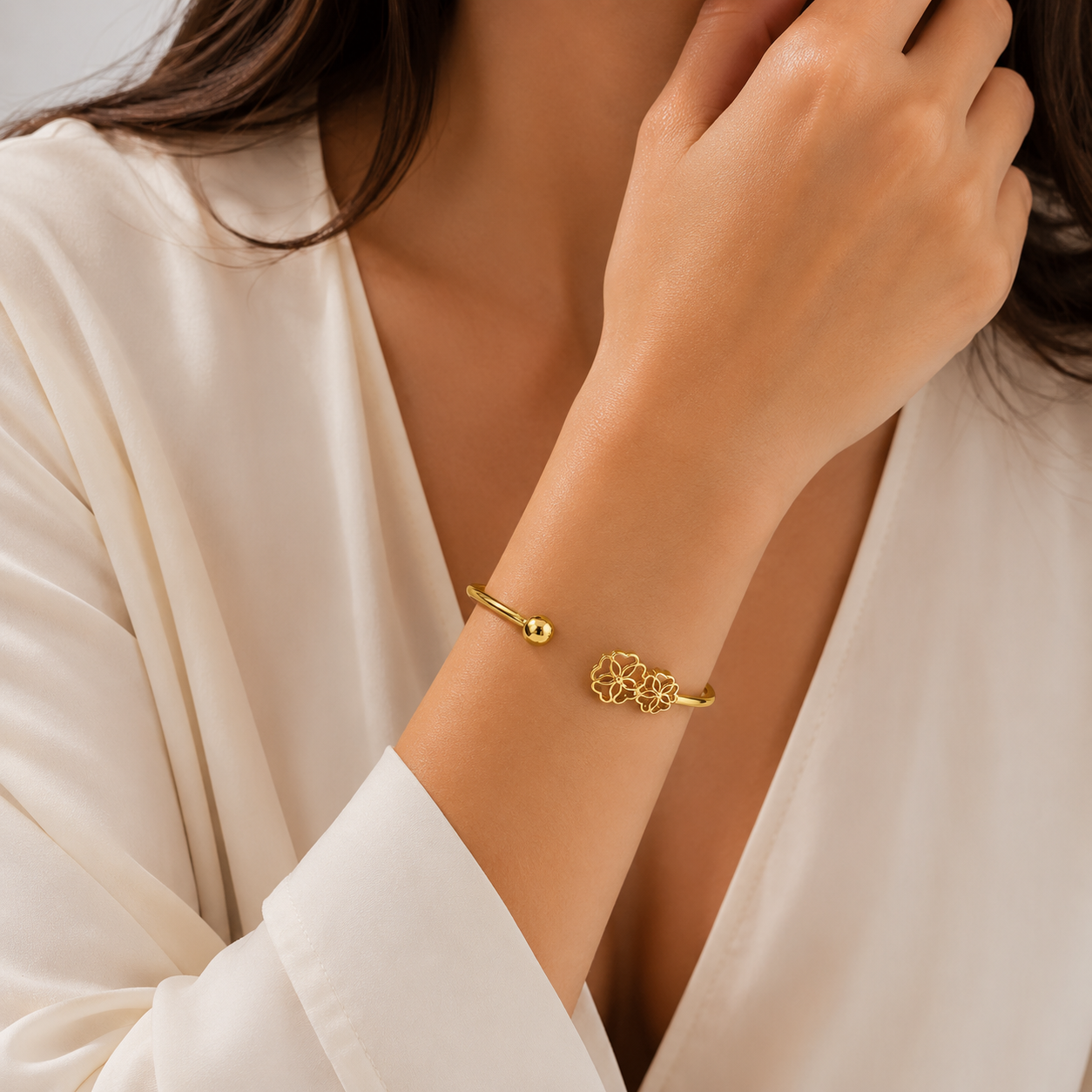 Golden Blossom Open Bangle β Elegant Floral Design