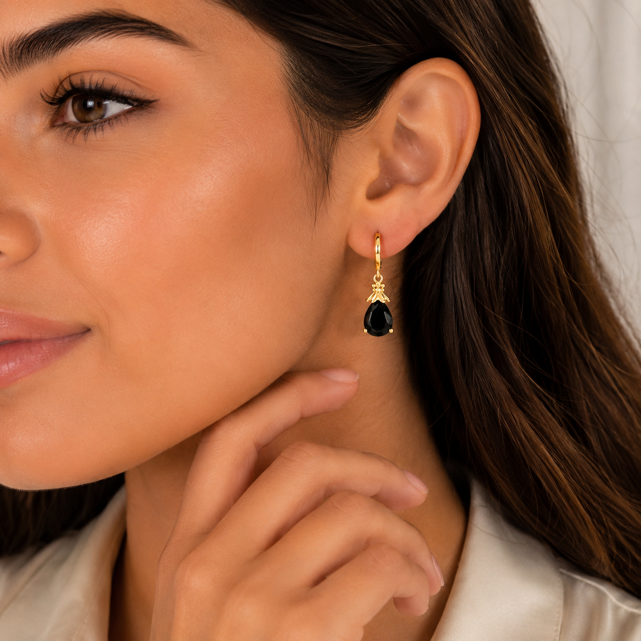 Black Onyx Drop Huggie Earrings