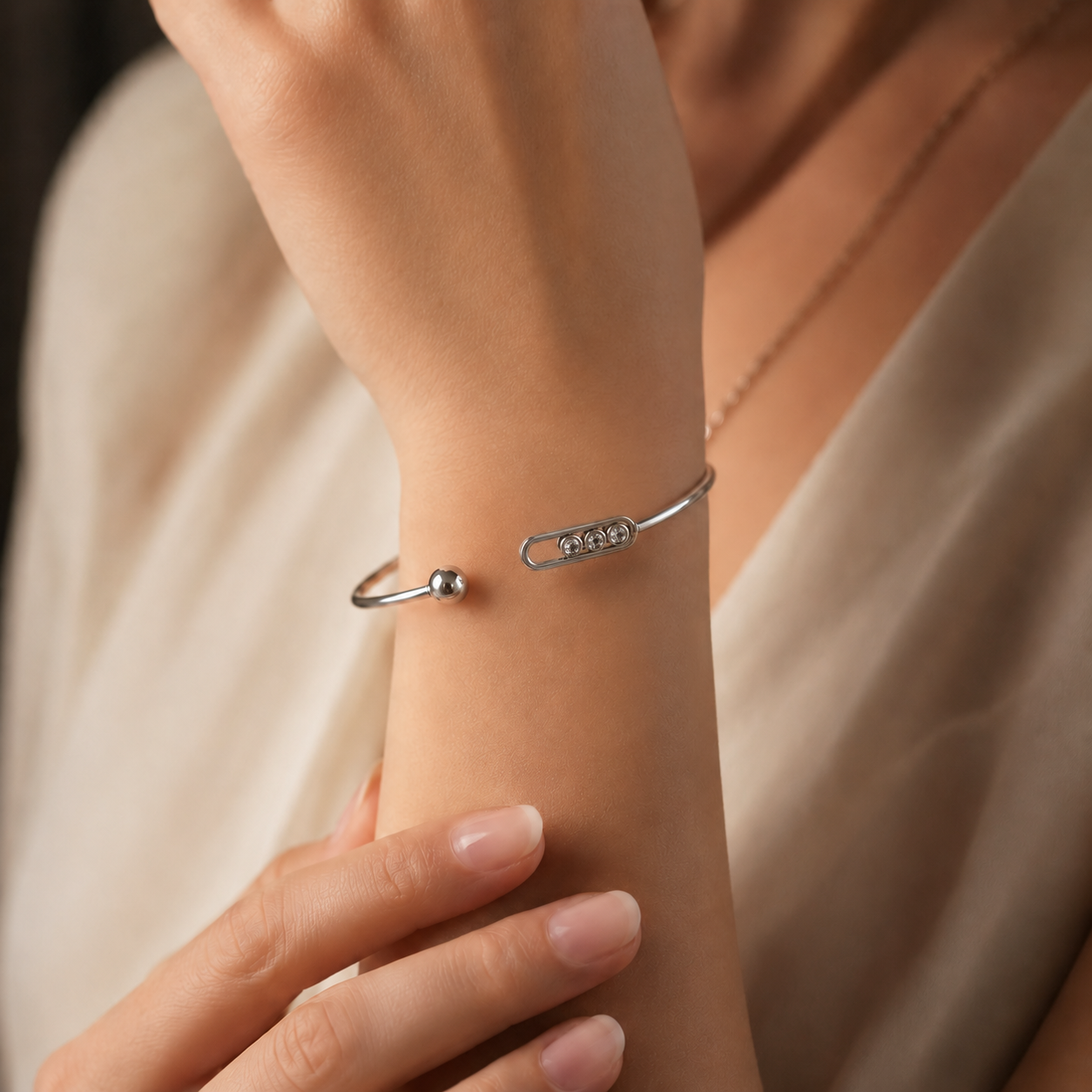 Messica Triple Crystal Open Cuff Bracelet – Gold & Silver ✨