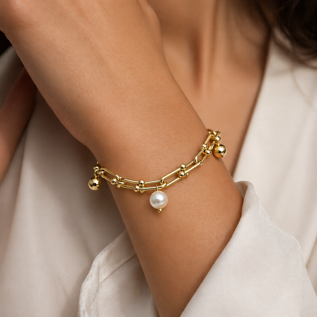 Pearl Drop Link Bracelet – Gold Minimal Luxe