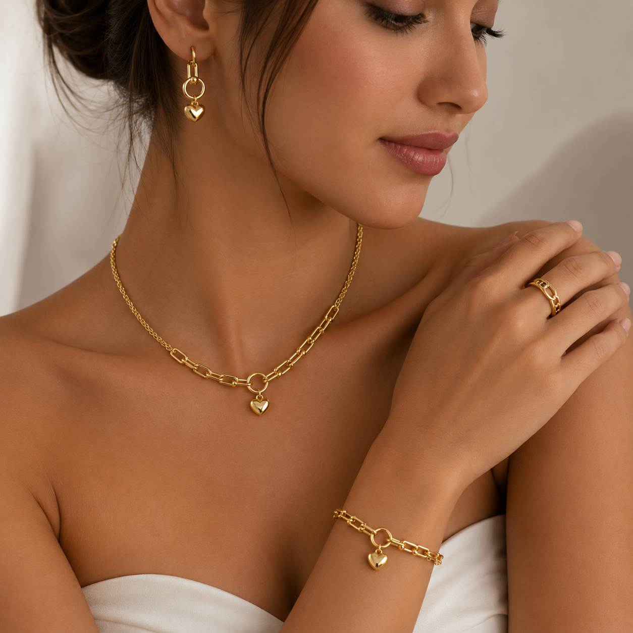 Tiffany Golden Heart Charm Jewelry Set – Necklace, Bracelet & Earrings