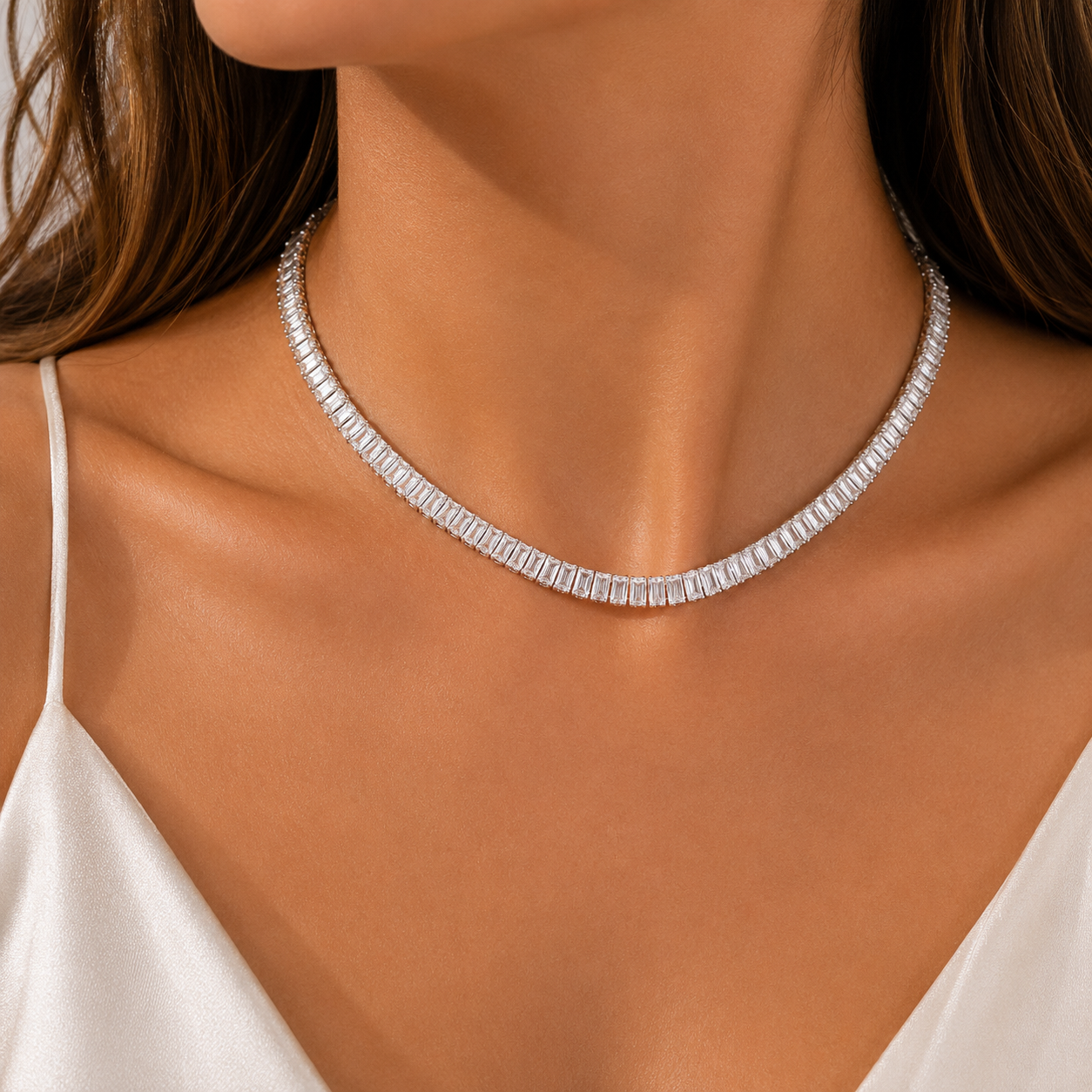wide Silver Baguette Tennis Necklace š