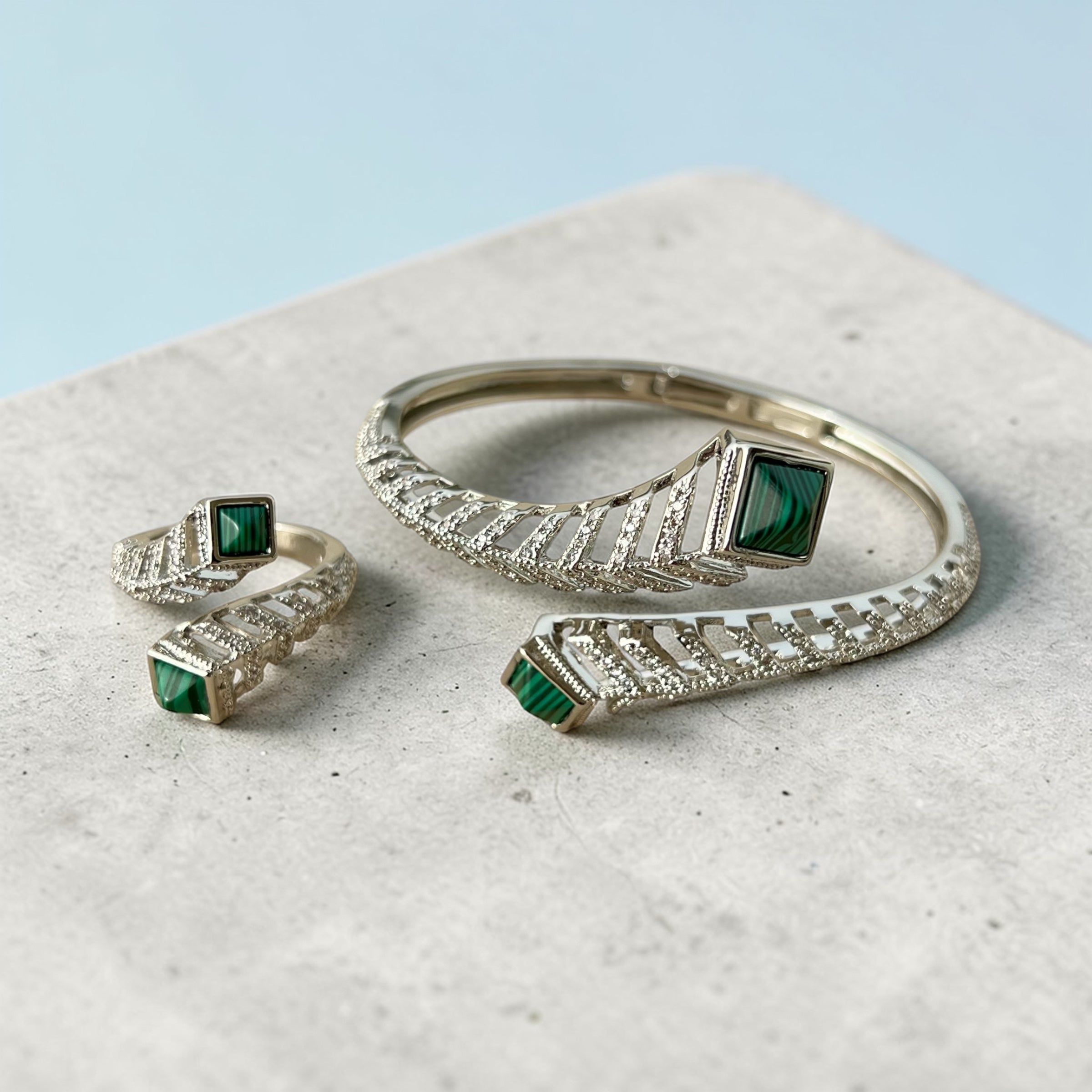 Silver Malachite Spiral Set – Bracelet & Ring