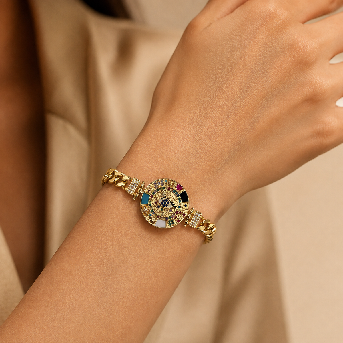 Egyptian eye bracelet– Gold-Plated Evil Eye & Zodiac Medallion