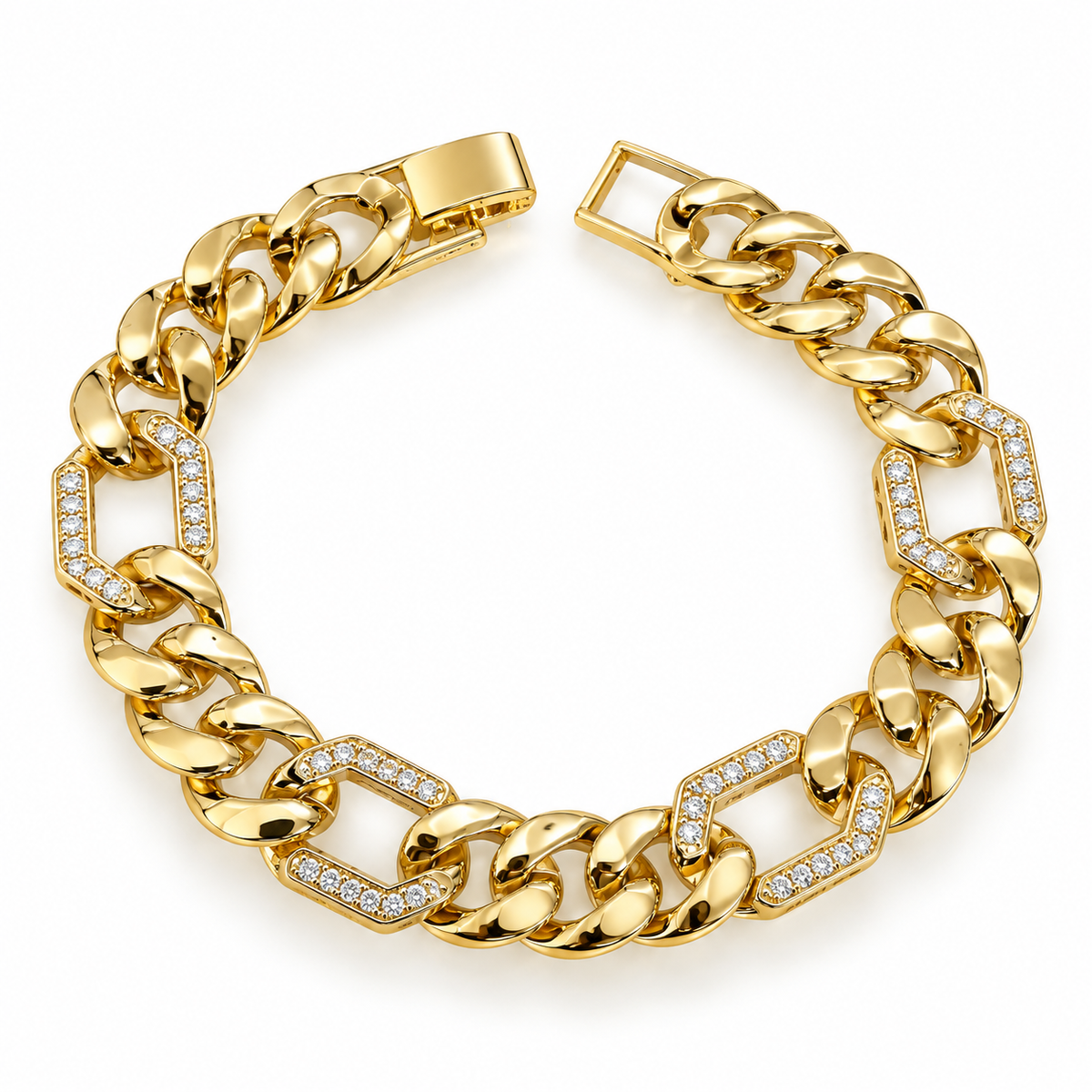 Gold-plated Cuban Link chain Bracelet with Crystal-Accented Links