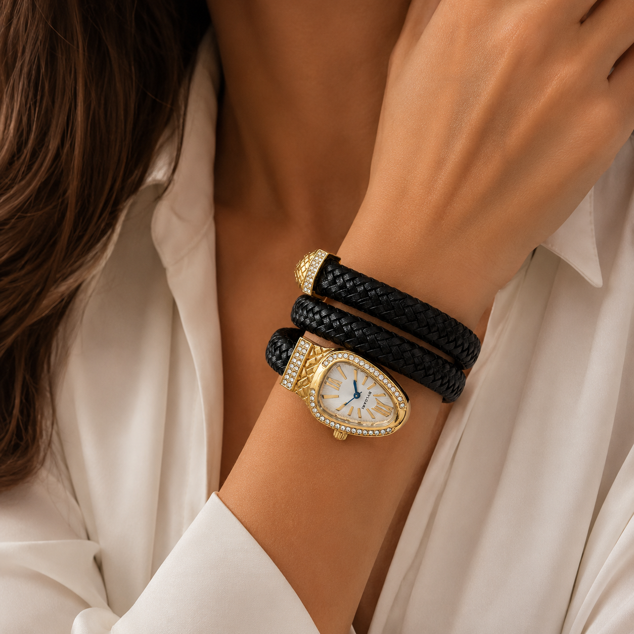 Serpenti Wrap Leather Watch – Gold Case with Crystals