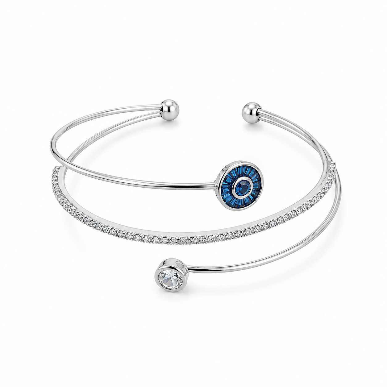 Silver Double-Band Bracelet ā Blue Evil Eye & Crystal Charm šāØ