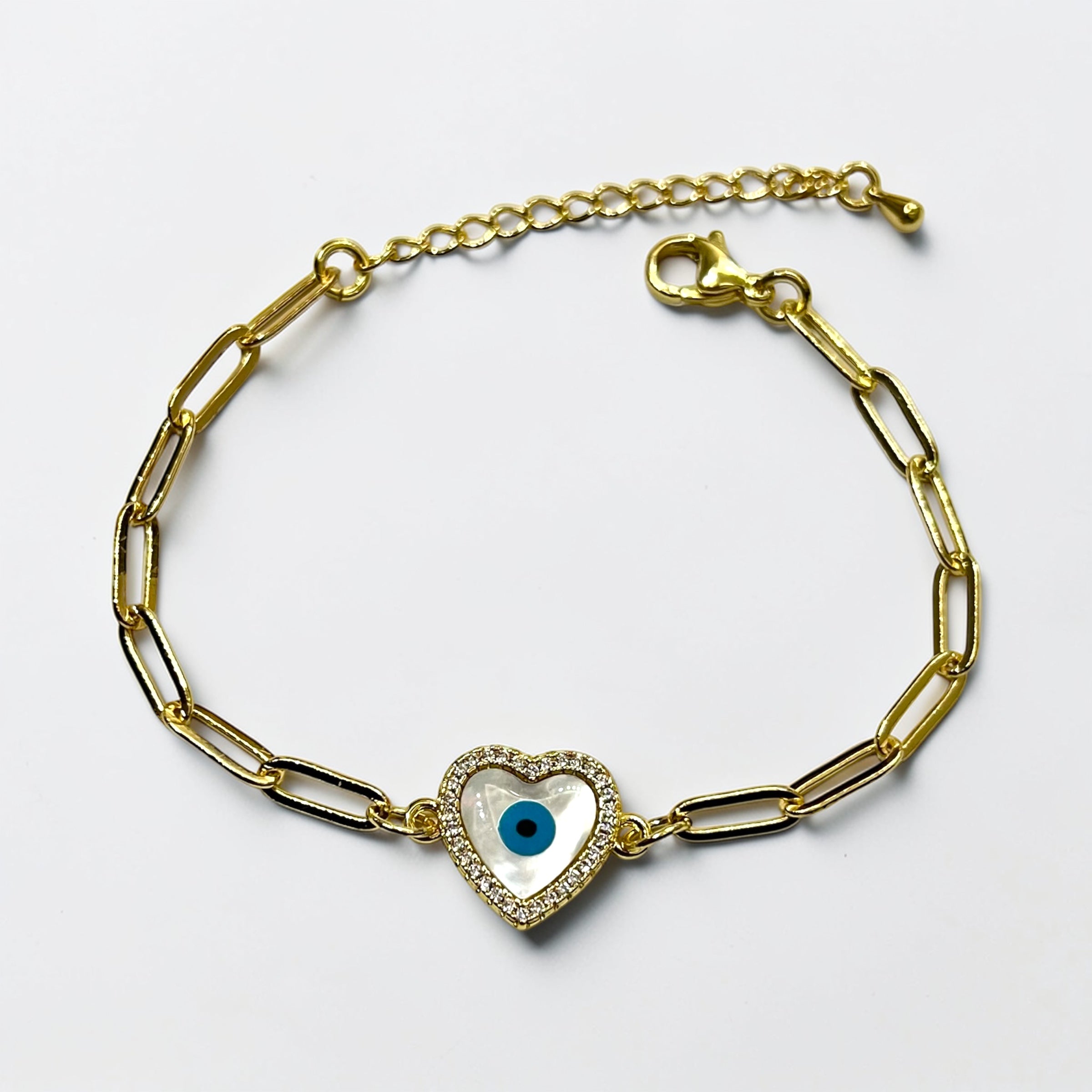 Heart Evil Eye Paperclip Bracelet – Gold