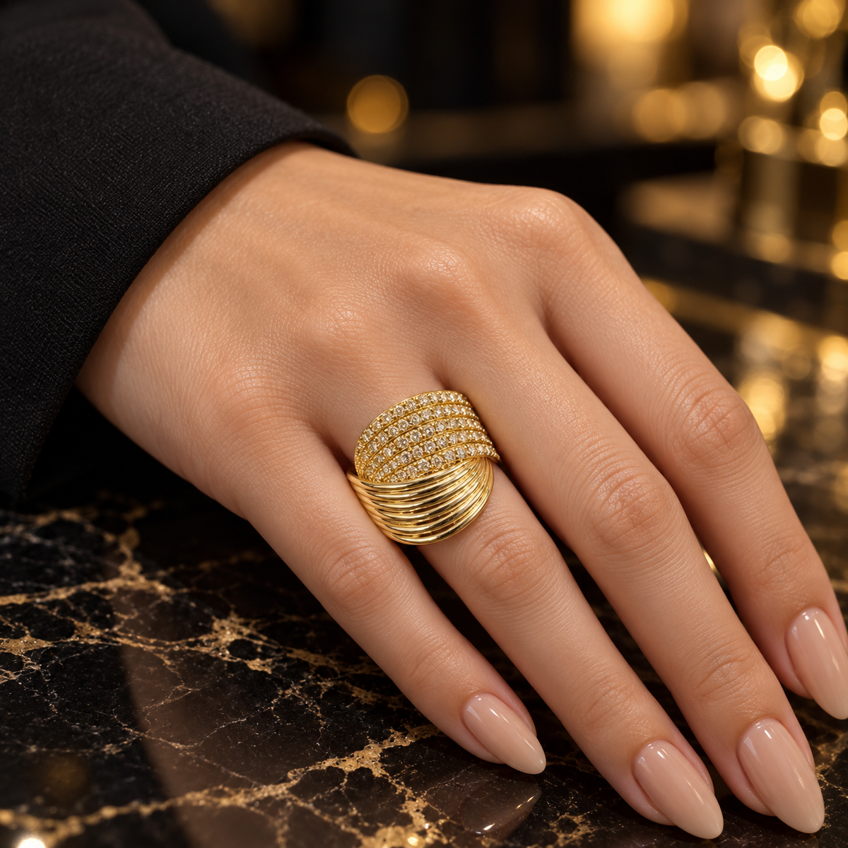 Luxe Wave Pavé Ring – High-Shine & Bold Glamour(free size)