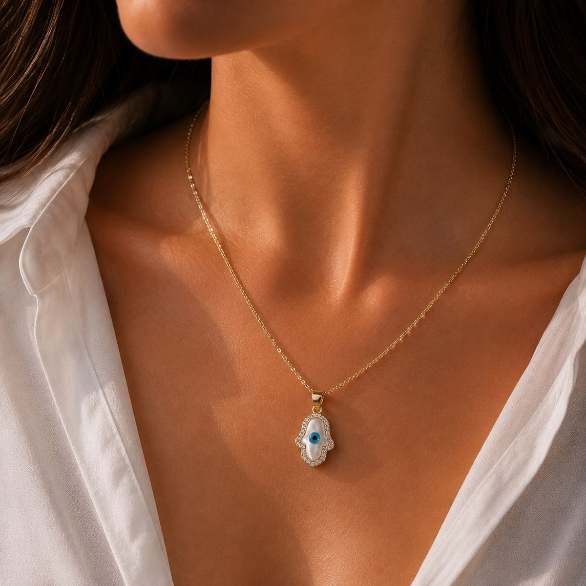 Hamsa Evil Eye Necklace – Gold Plated Hand of Protection