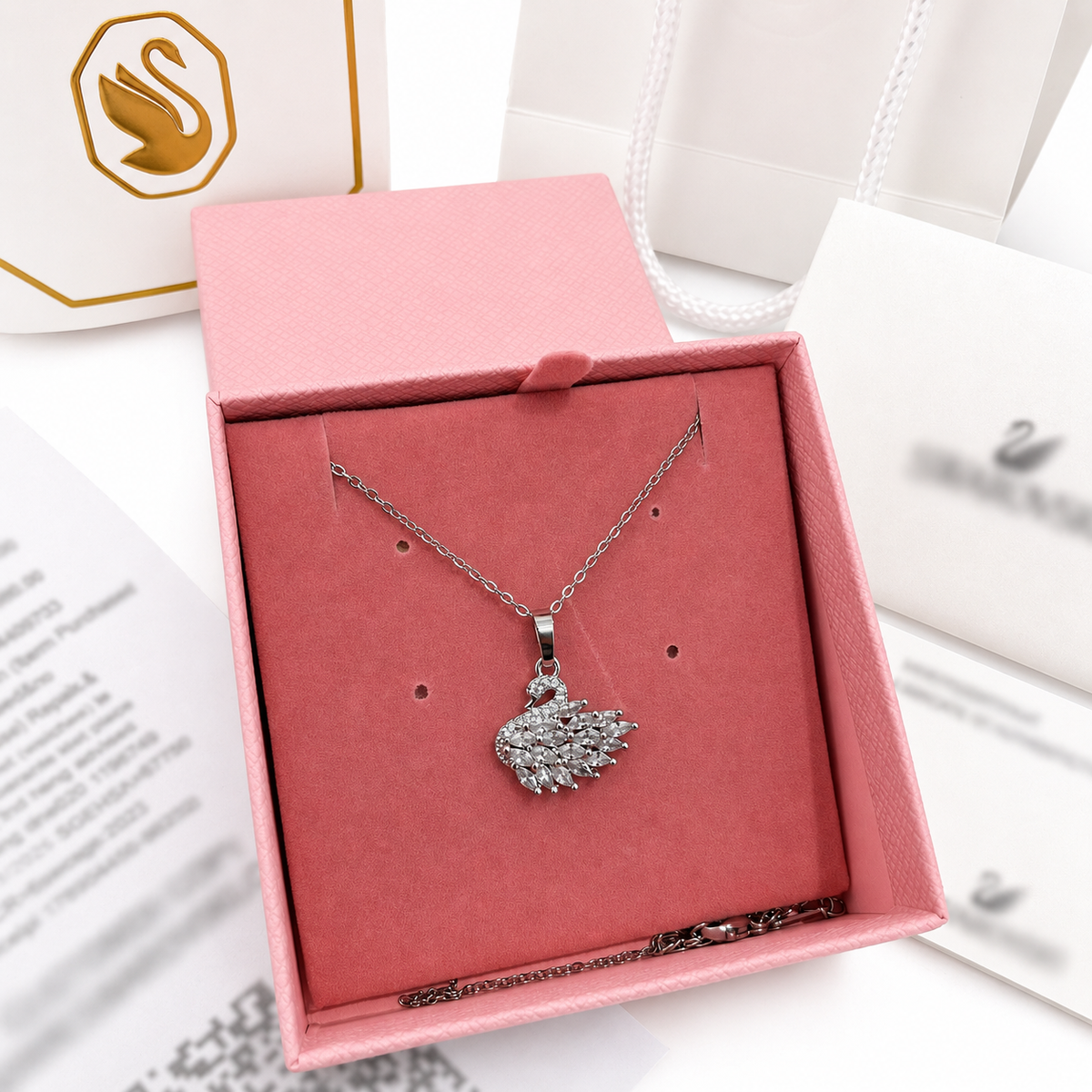 Swan necklace with pink authentic package