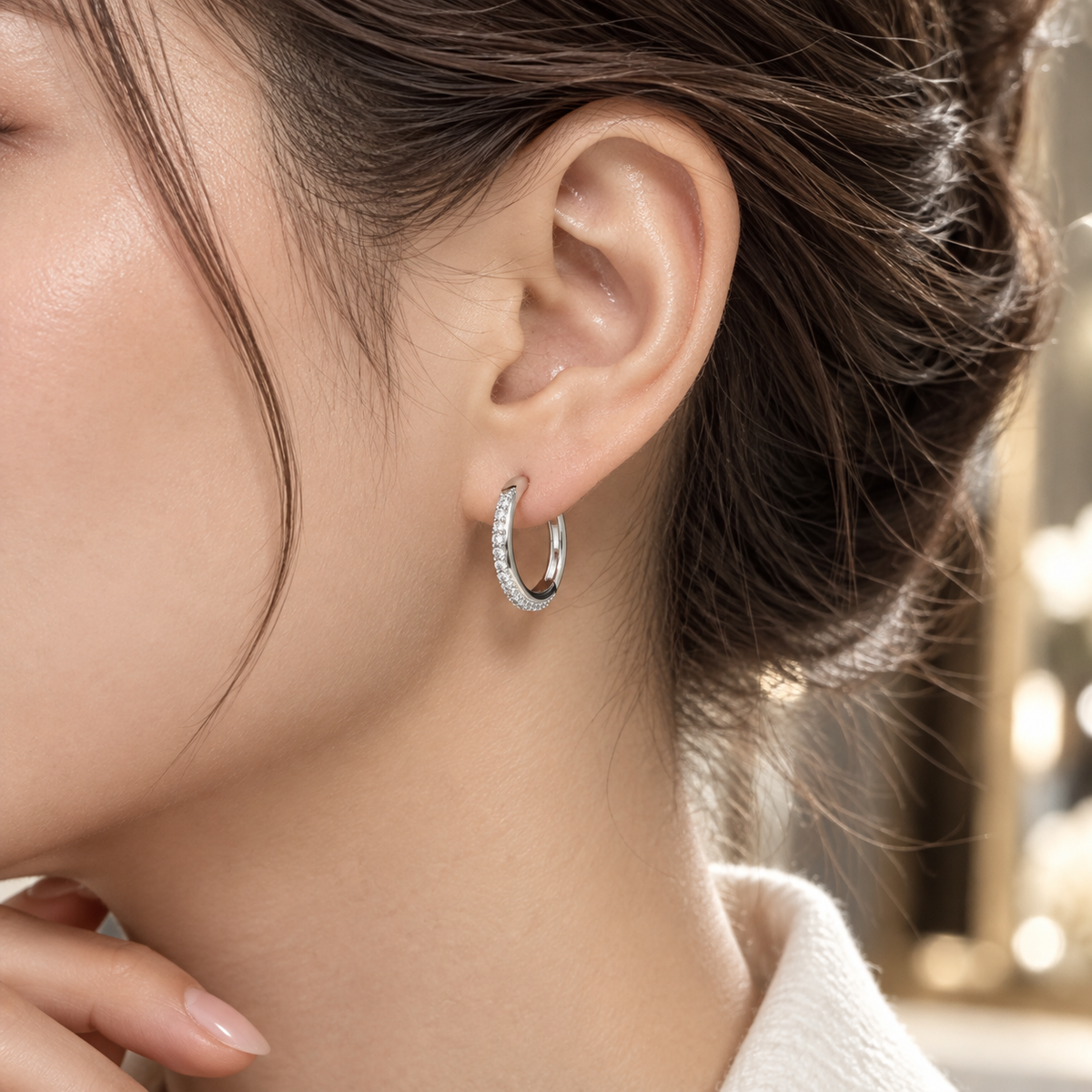 Brass Silver color tennis Crystal Hoop Earrings