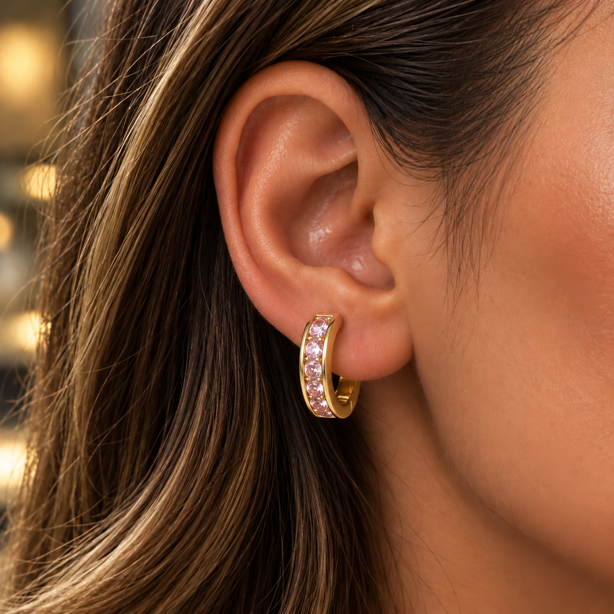 Pink Crystal Huggie Hoop Earrings