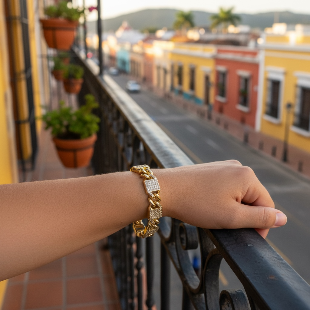 Gold-Plated Cuban Link Bracelet with Pave Plates – Bold & Luxe