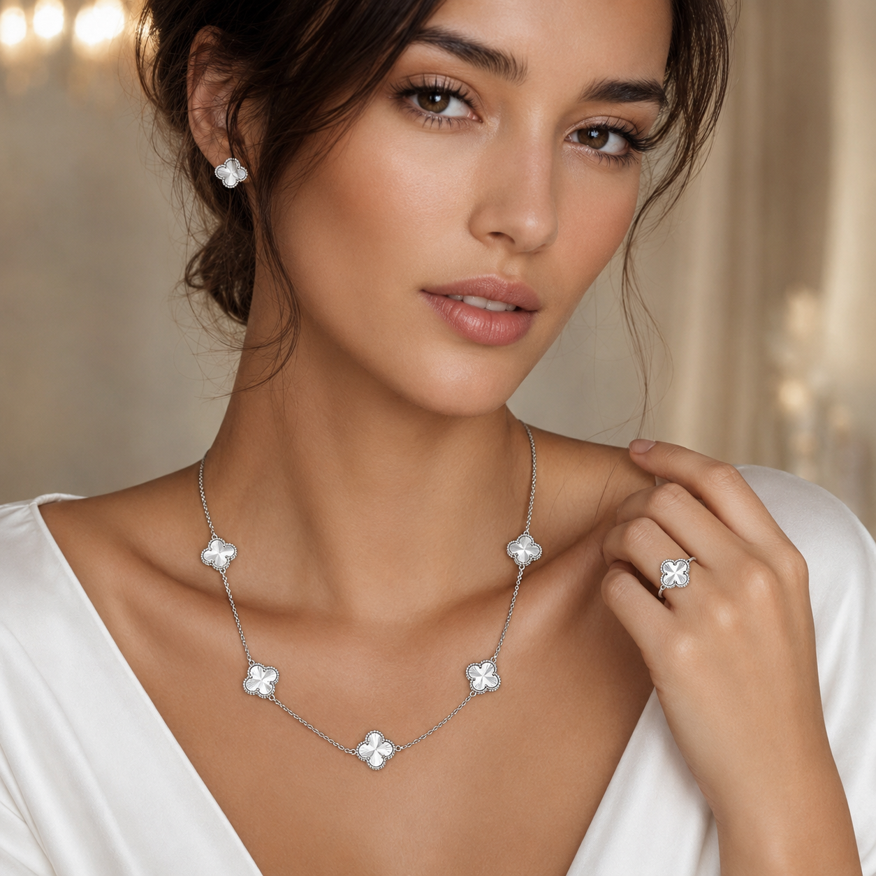 Silver Vancleef Clover Jewelry Set