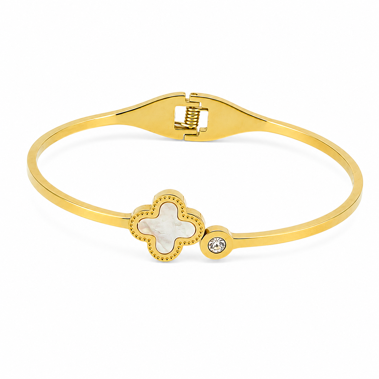 Gold Clover & Crystal Bangle ā Elegant Enamel Bracelet