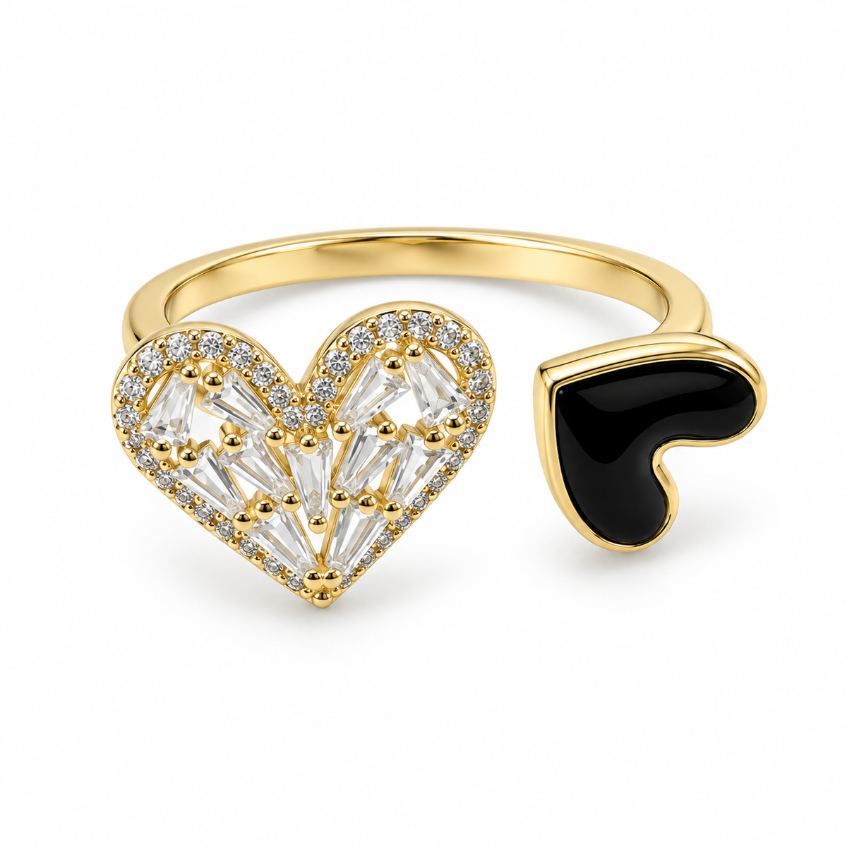 Duo Hearts Ring – Gold & Black Crystal Charm