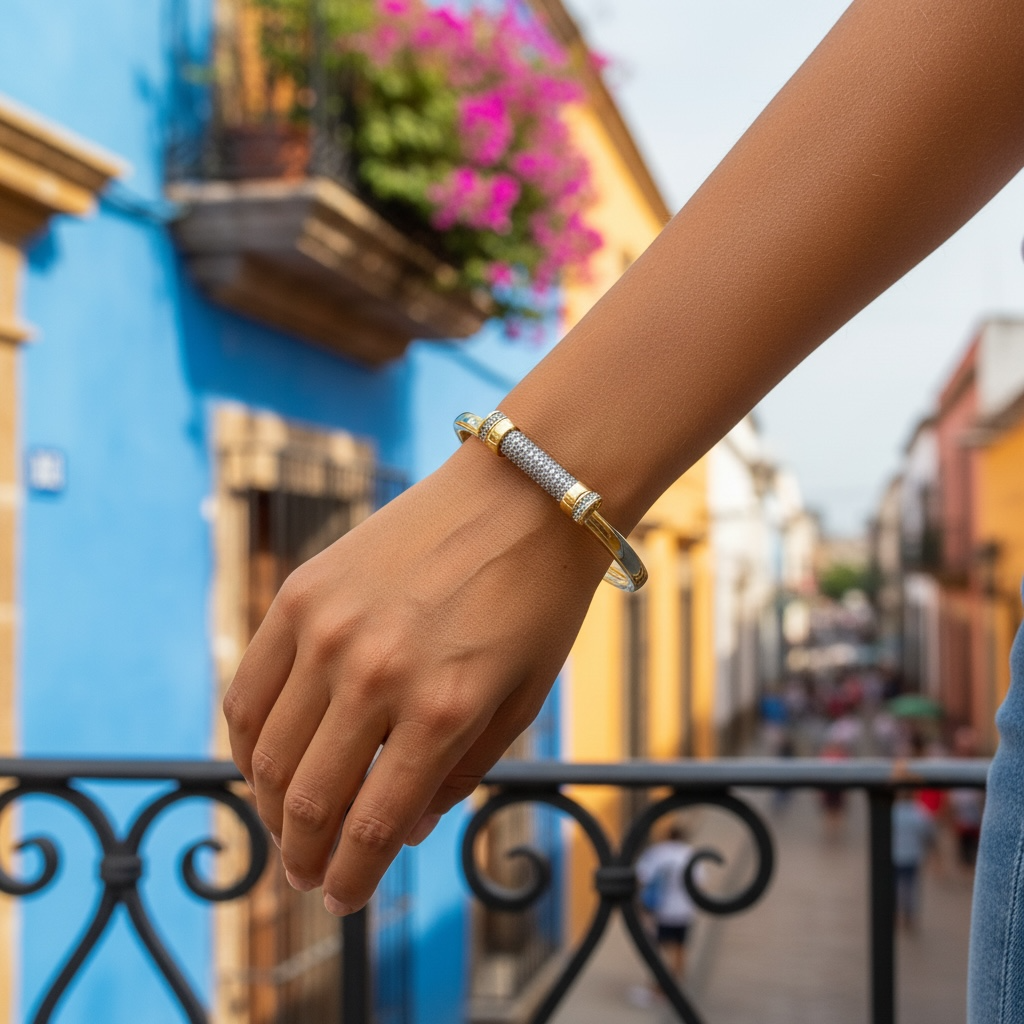 Gold & Pavé Cylinder Bar Bangle – Modern Luxe