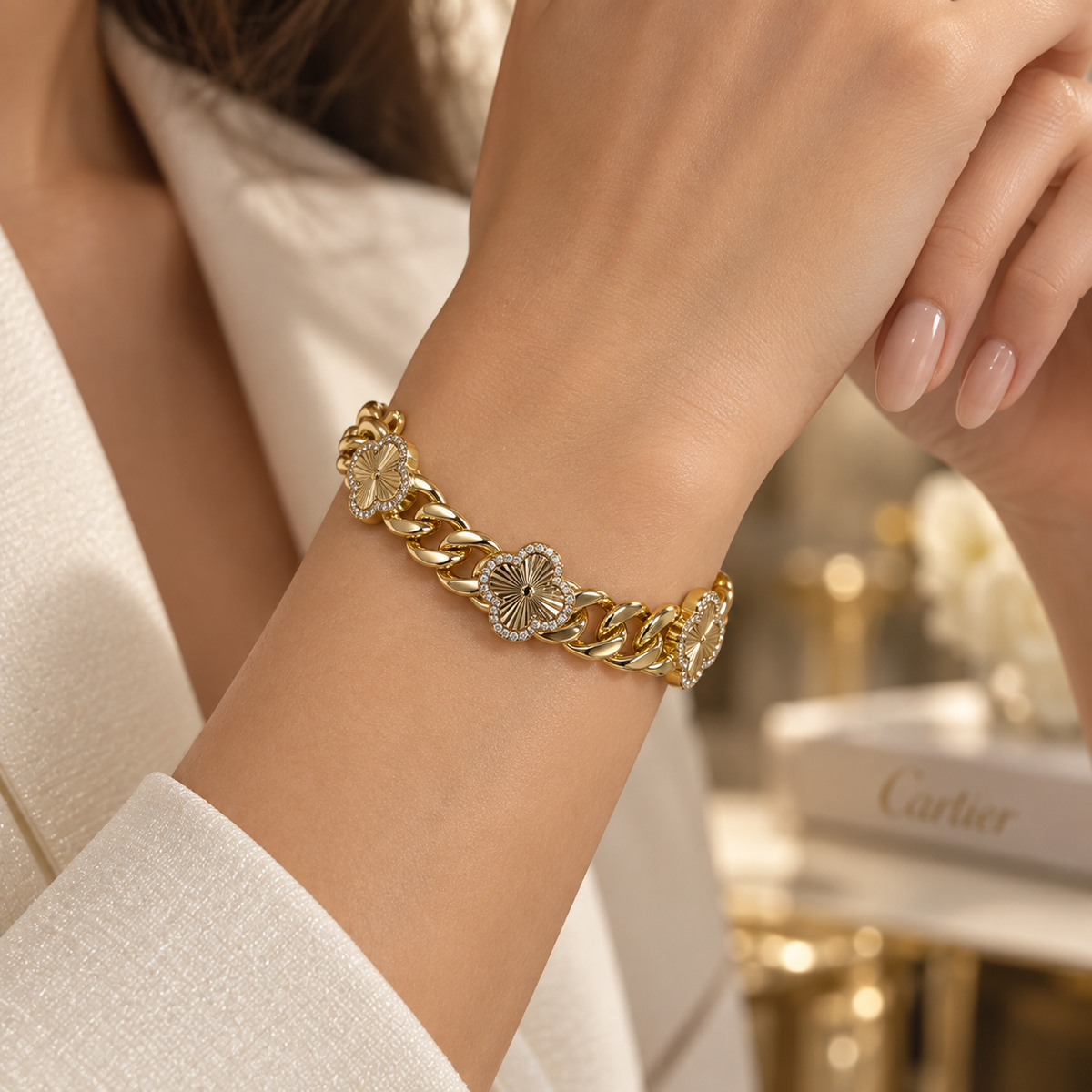 Three Clover Crystal Curb Chain Bracelet