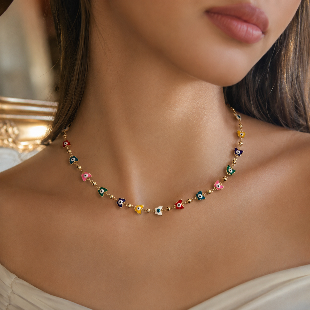 Multicolor Butterfly Evil Eye Necklace