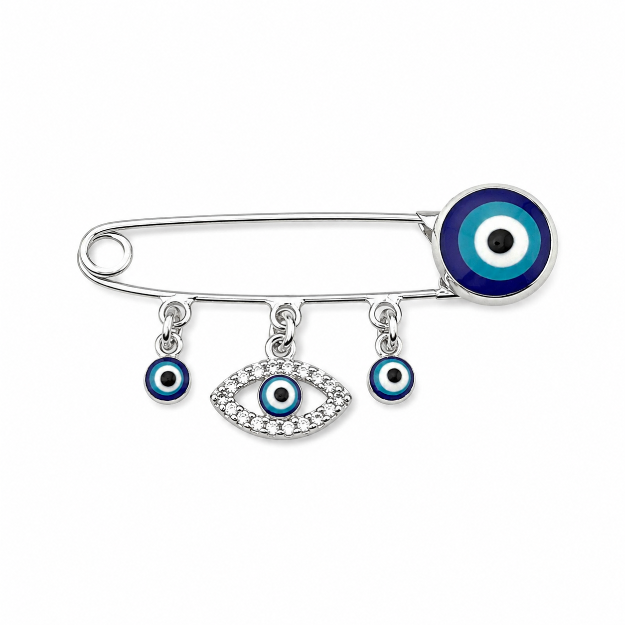 š brooch Evil Eye & Crystal Charm Safety Pin ā Silver-Tone Protection
