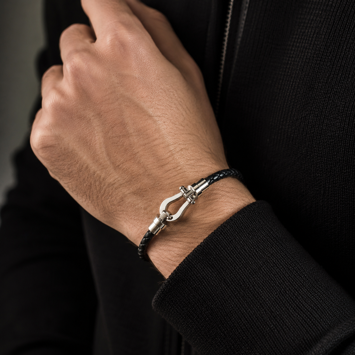 Black Clasp Braided Leather Bracelet – Matte Steel Edition
