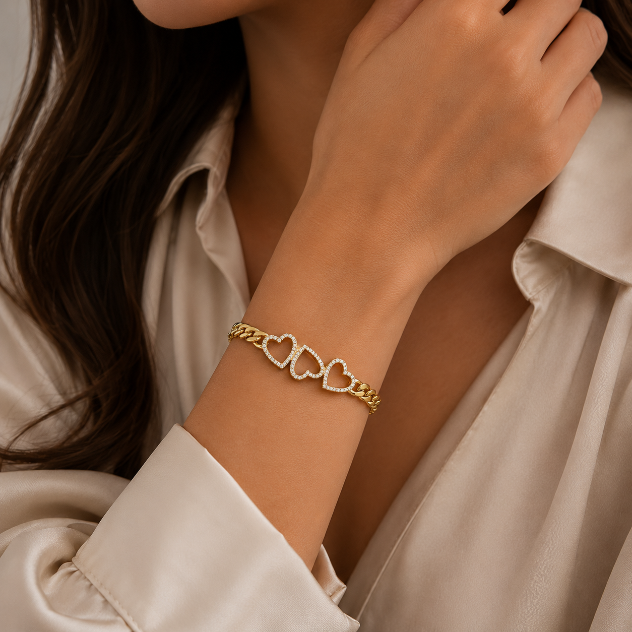 Triple Heart Harmony Bracelet – Gold Sparkle Edition