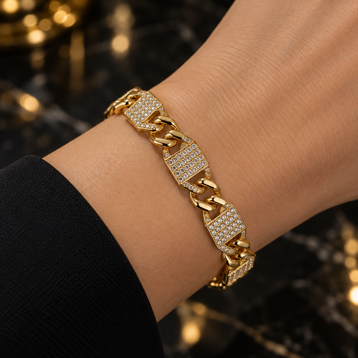 Gold-Plated Cuban Link Bracelet with Pave Plates – Bold & Luxe