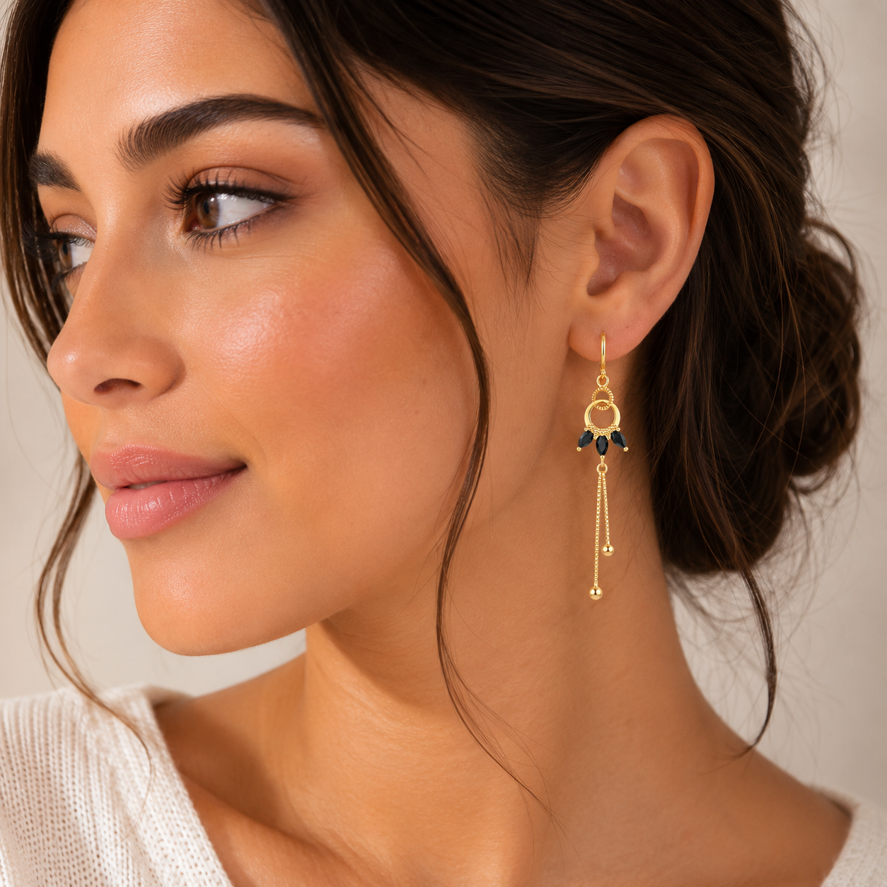 Drop Earrings with Black Stone Detail