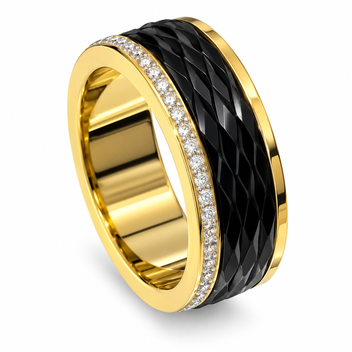 Black Textured Luxe Band Ring (Gold Finish)