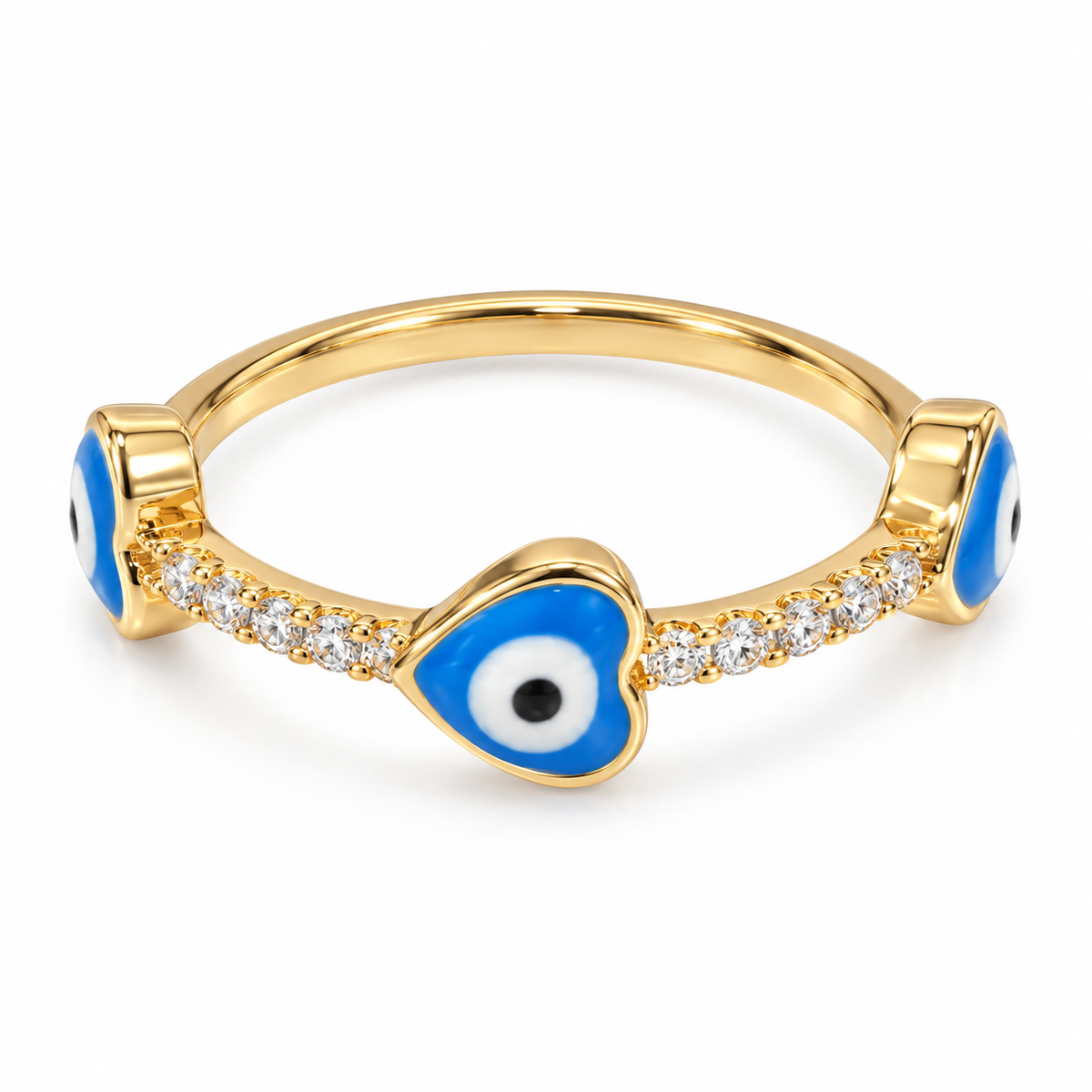 Trio Heart Eye Ring – Gold & Blue Enamel