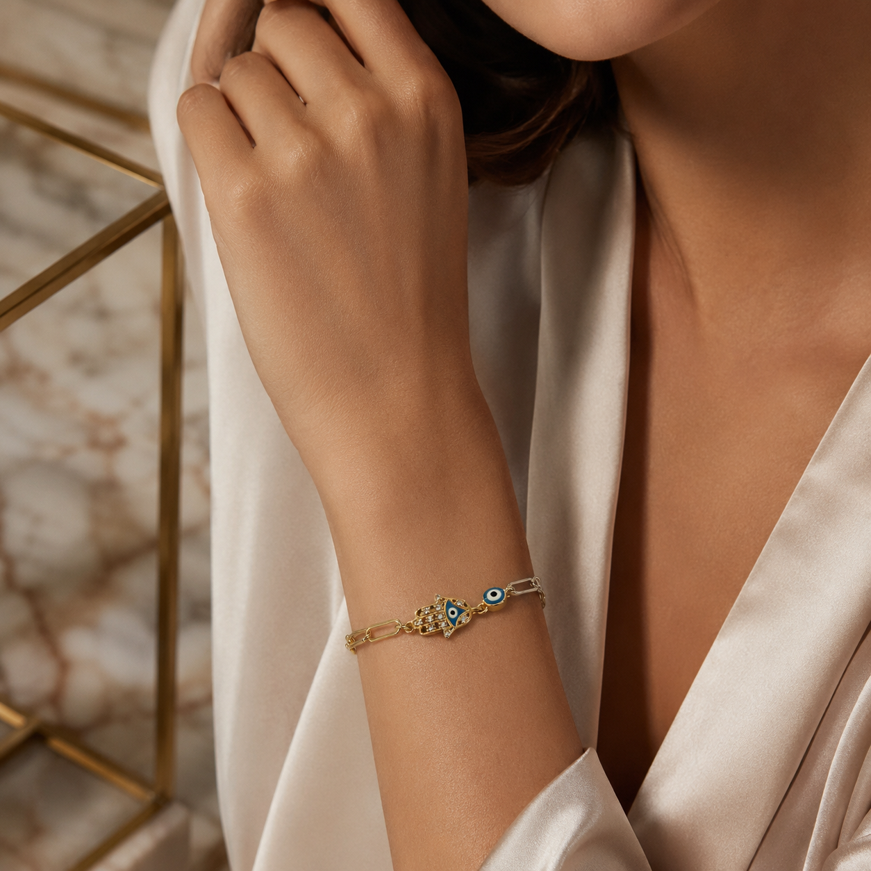 Hamsa & Evil Eye Paperclip Bracelet