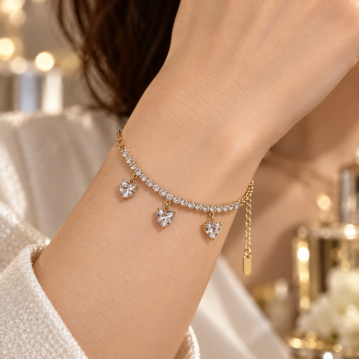 Triple Heart Crystal Gold Bracelet