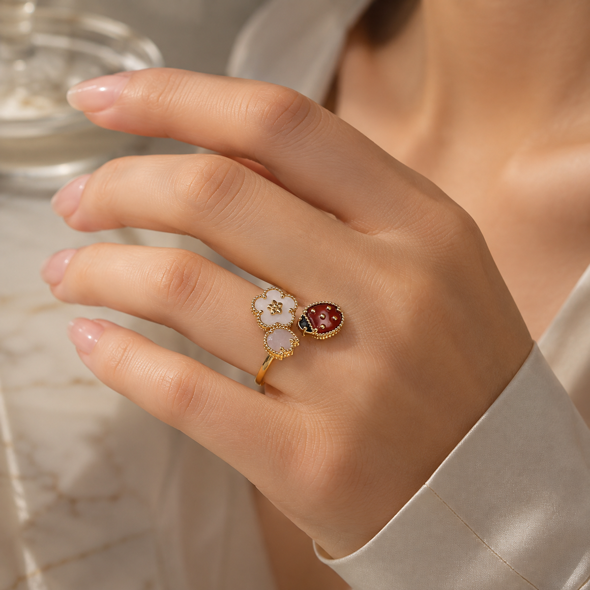 Lucky Bloom Ring – Enamel Ladybug & Mother of Pearl