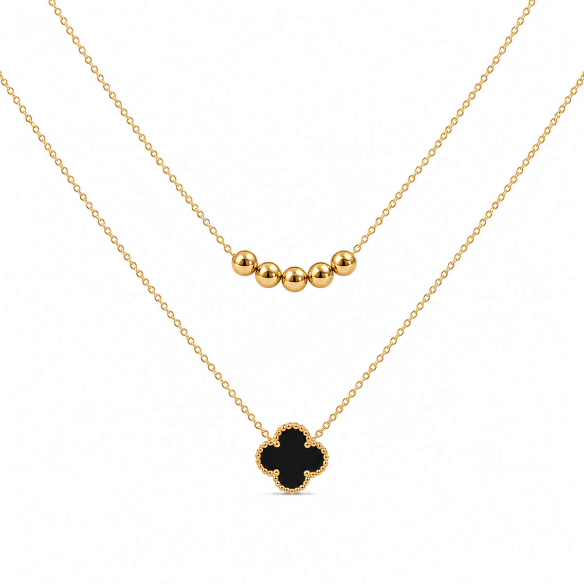 Layered Green Clover & Gold Beads Necklace